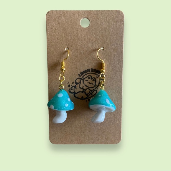Handmade Cottagecore Mushroom Earrings in Green - Seafoam - Cute Dangle Style - Picture 3 of 5
